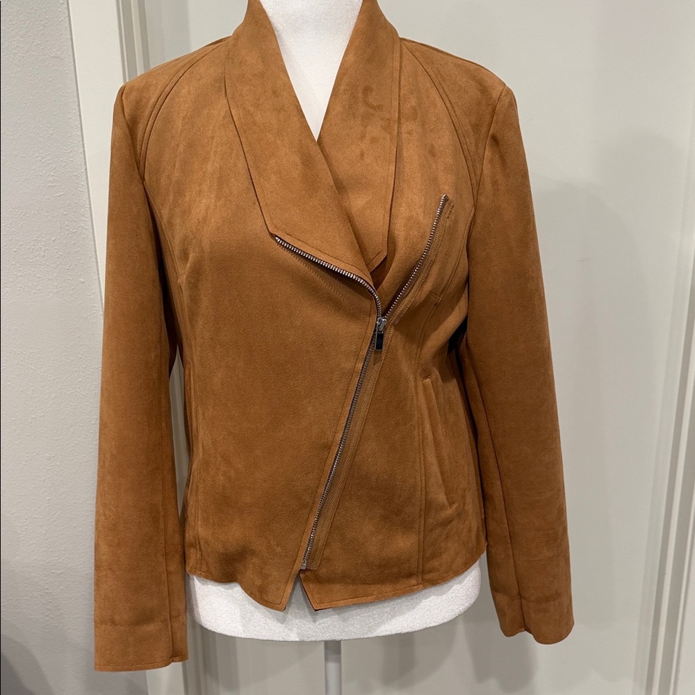 Tahari Camel Faux Suede Draped Moto Jacket Open Front Lightweight Layer Medium - Picture 2 of 8